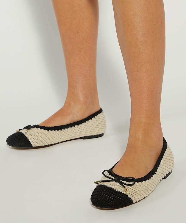 Dune London Highland - Cream Textured Bow Detail Ballet Flats