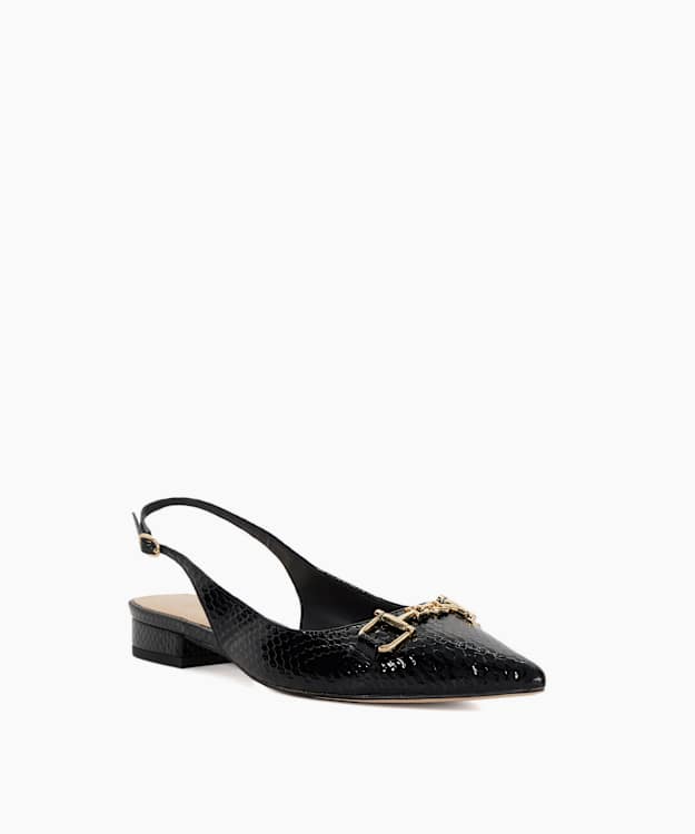 Dune London Hinge - Black Mock Croc Low Block Heel Slingbacks