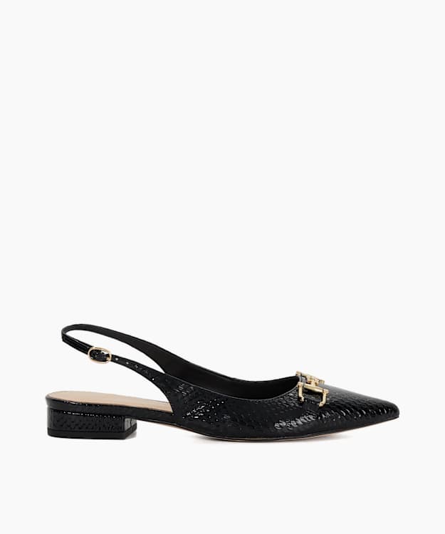 dune london Hinge - Black Mock Croc Low Block Heel Slingbacks