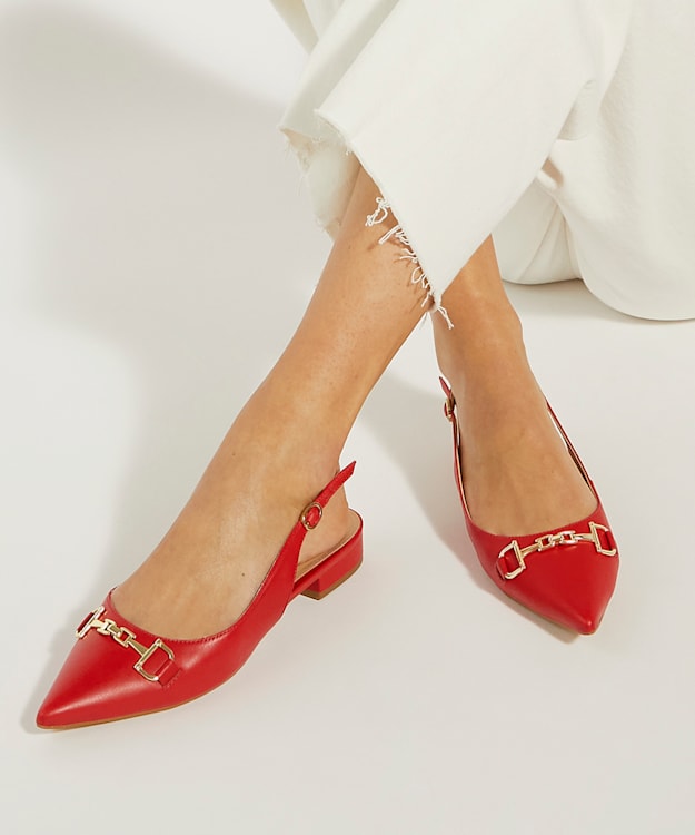 Dune London Hopeful - Red Branded-Snaffle-Trim Ballet Shoes