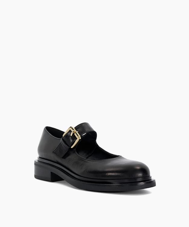 Dune London Huckle - Black Leather Low Heel Mary Janes