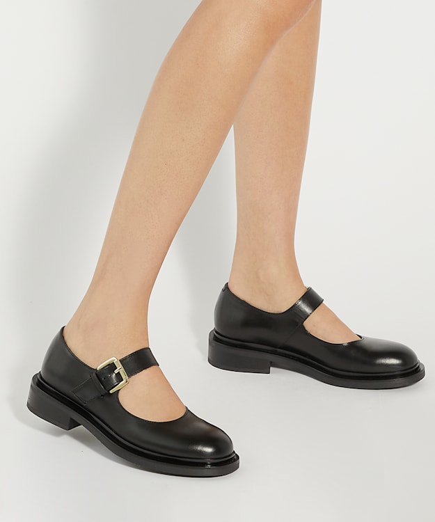 Dune London Huckle - Black Leather Low Heel Mary Janes