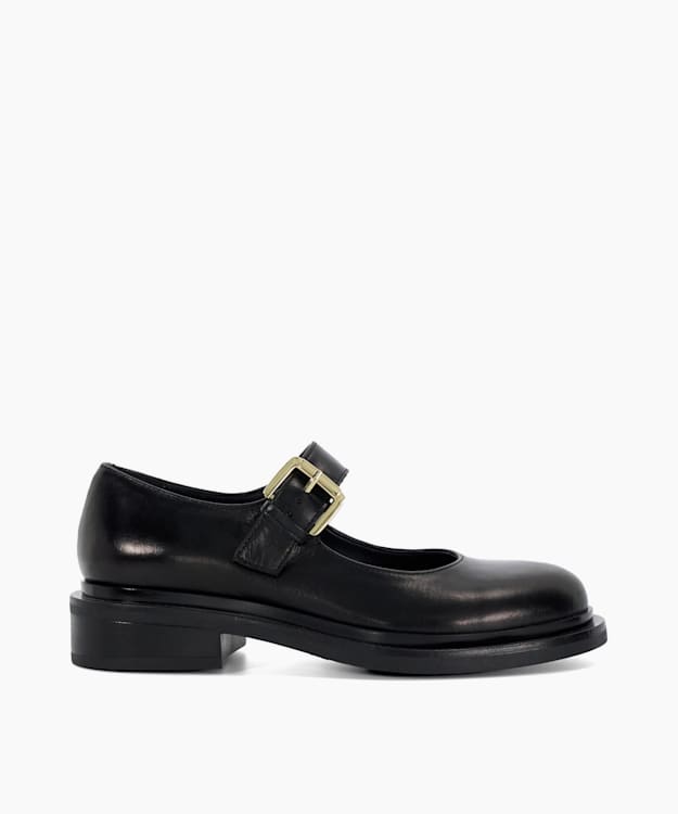dune london Huckle - Black Leather Low Heel Mary Janes