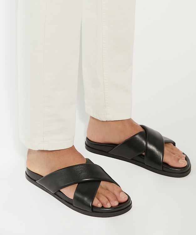 Dune London Isaacs - Black Leather Cross Strap Sandals
