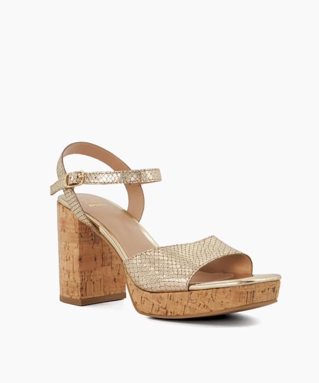 Dune London Jacuzzi - Gold Cork Heeled Platform Sandals