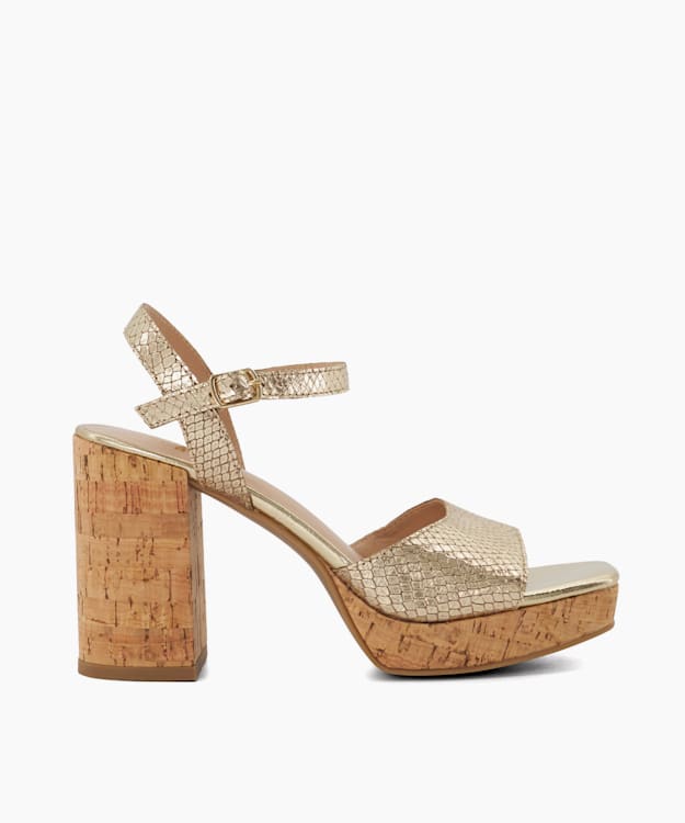 dune london Jacuzzi - Gold Cork Heeled Platform Sandals