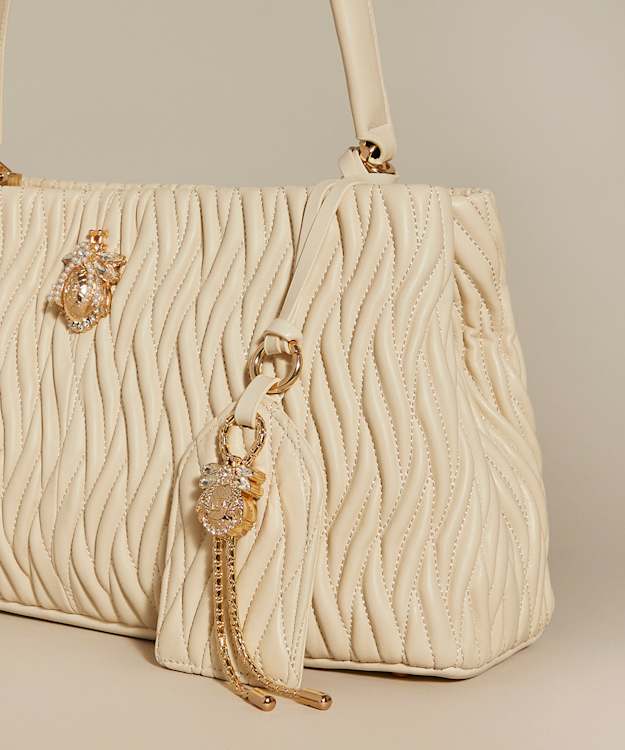 Dune London Jingled Bag Charm - Ecru Leather Dune Bug Bag Luggage Label Charm