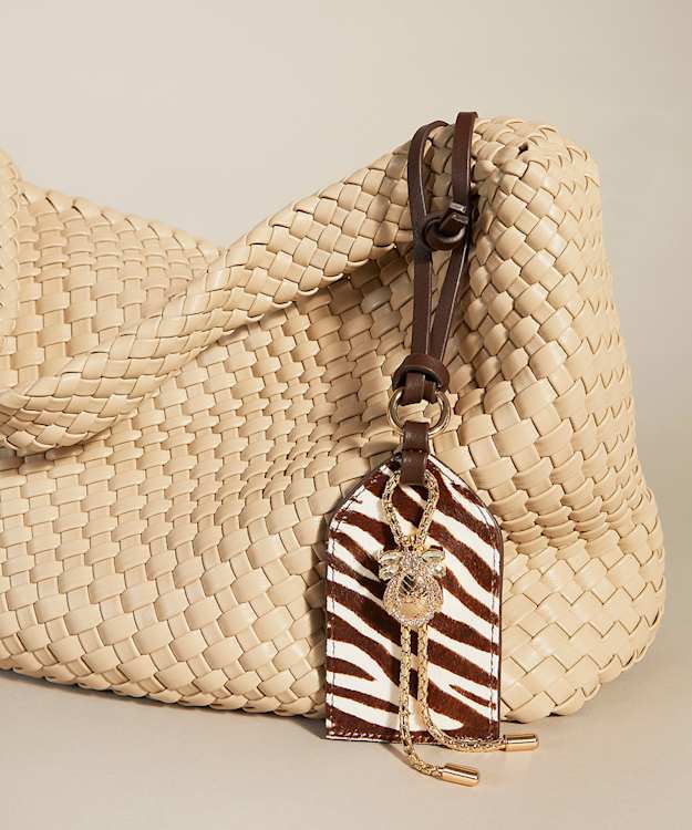 Dune London Jingled Bag Charm - Zebra Leather Dune Bug Bag Luggage Label Charm