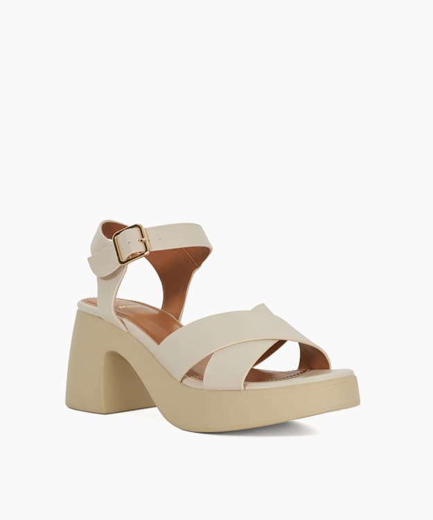 Dune London Jolanda - Ecru Cross Over Elasticated Strap Block Heel Sandals
