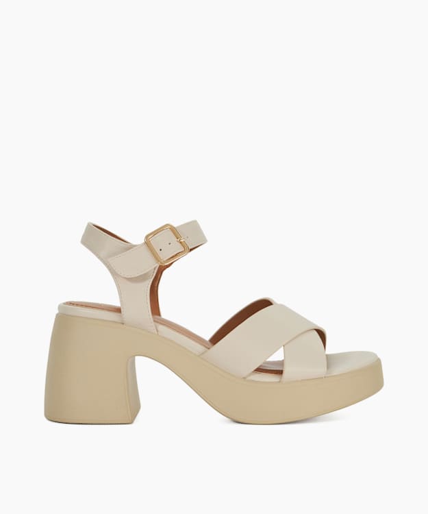 dune london Jolanda - Ecru Cross Over Elasticated Strap Block Heel Sandals
