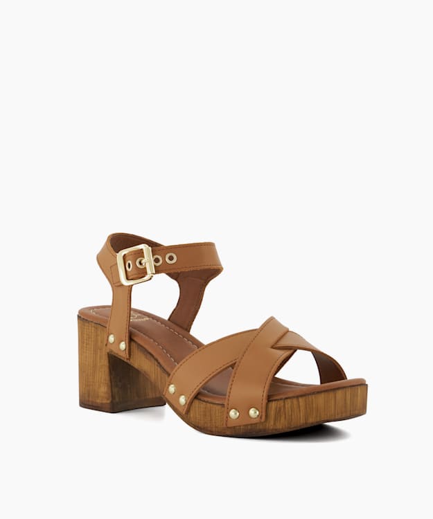 Dune London Judies - Tan Leather Cross Strap Clog Heels