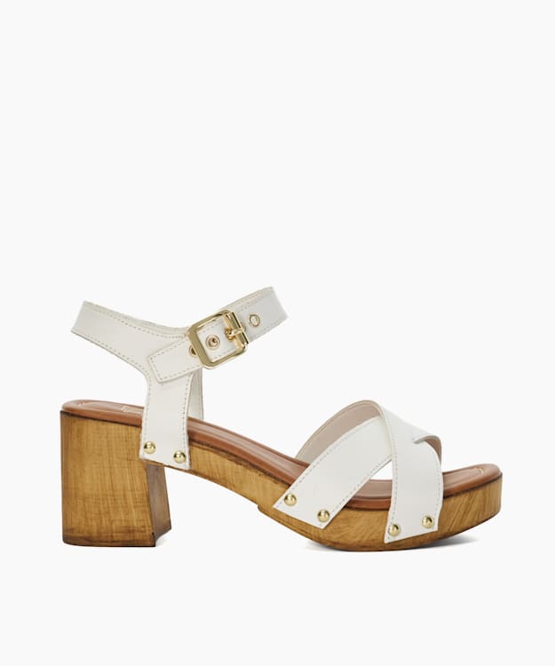 dune london Judies - White Leather Cross Strap Clog Heels