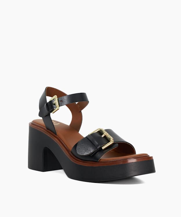 Dune London Jupiter - Black Leather Open Toe Platform Sandals