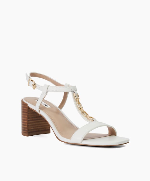 Dune London Justify - White Block Heel Chain Detail T-Bar Sandals