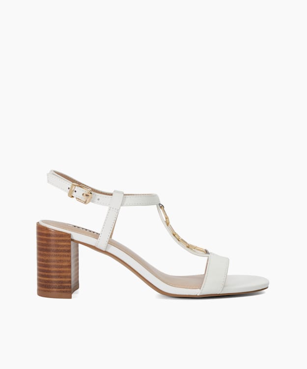 dune london Justify - White Block Heel Chain Detail T-Bar Sandals