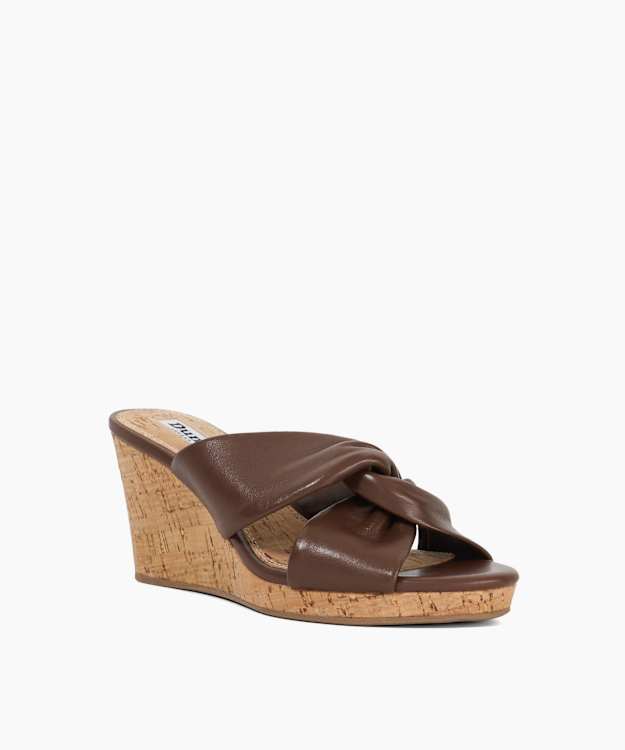 Dune London Kacee - Dark Tan Knot-Detail Cork-Wedge Sandals