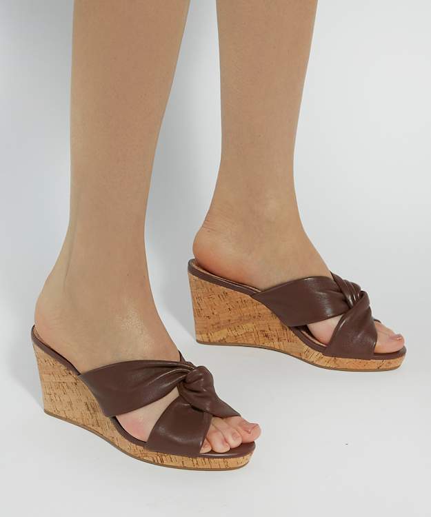 Dune London Kacee - Dark Tan Knot-Detail Cork-Wedge Sandals
