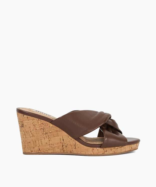 dune london Kacee - Dark Tan Knot-Detail Cork-Wedge Sandals