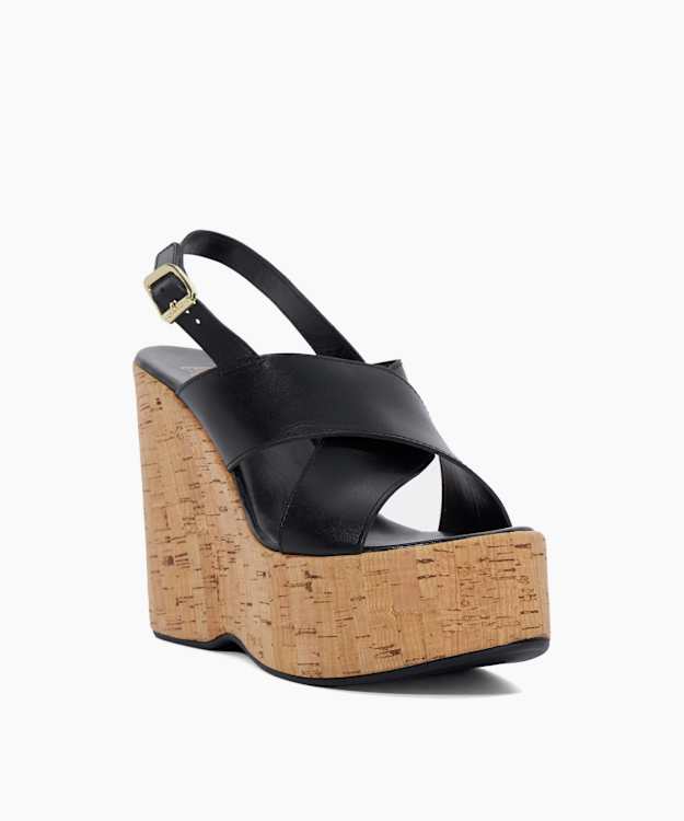 Dune London Kaiden - Black Leather Wedge Heel Sandals