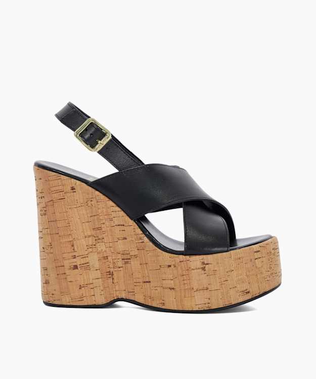 dune london Kaiden - Black Leather Wedge Heel Sandals