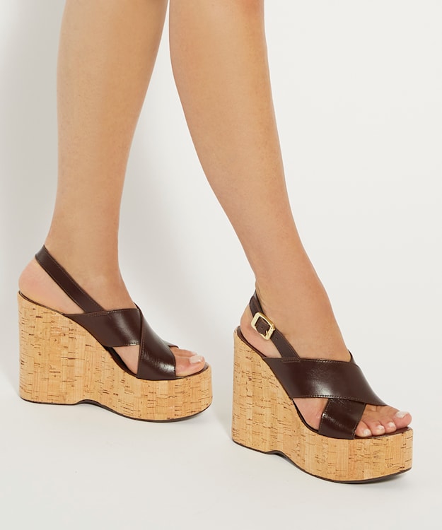 Dune London Kaiden - Brown Leather Wedge Heel Sandals