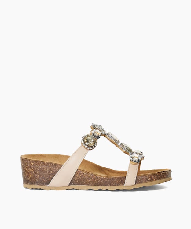dune london Kaleidoscopes - Ecru Embellished Cork Wedge Sandals