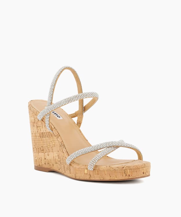 Dune London Kali - Silver Diamante Cork-Wedge Slingback Sandals