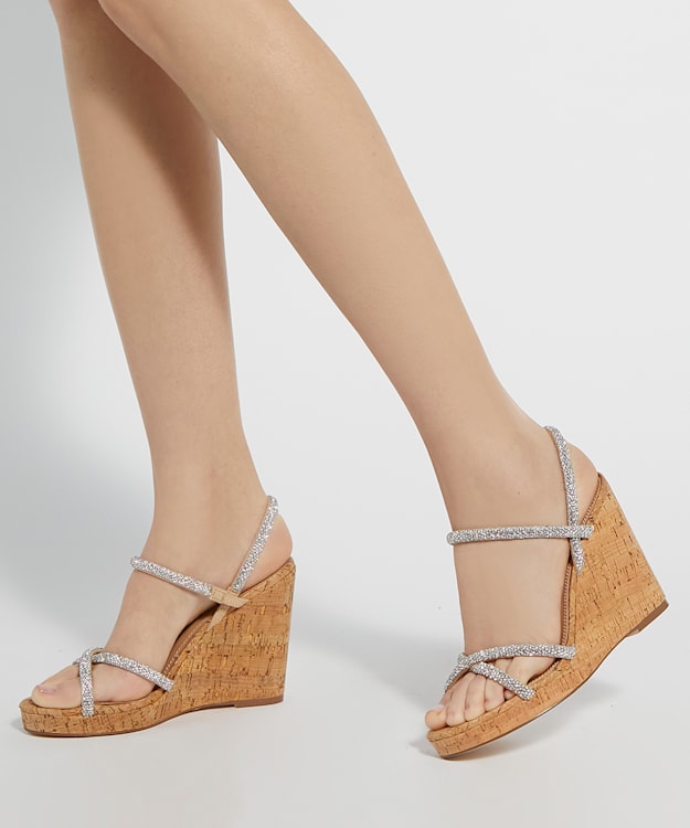 Dune London Kali - Silver Diamante Cork-Wedge Slingback Sandals
