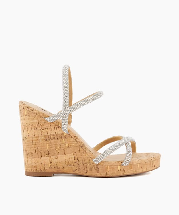 dune london Kali - Silver Diamante Cork-Wedge Slingback Sandals
