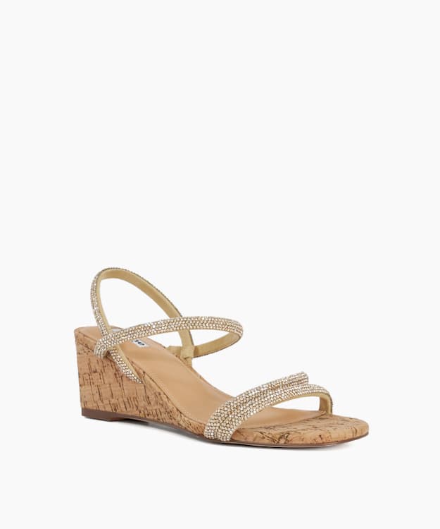 Dune London Kalia - Gold Embellished Strap Cork Wedge Sandals