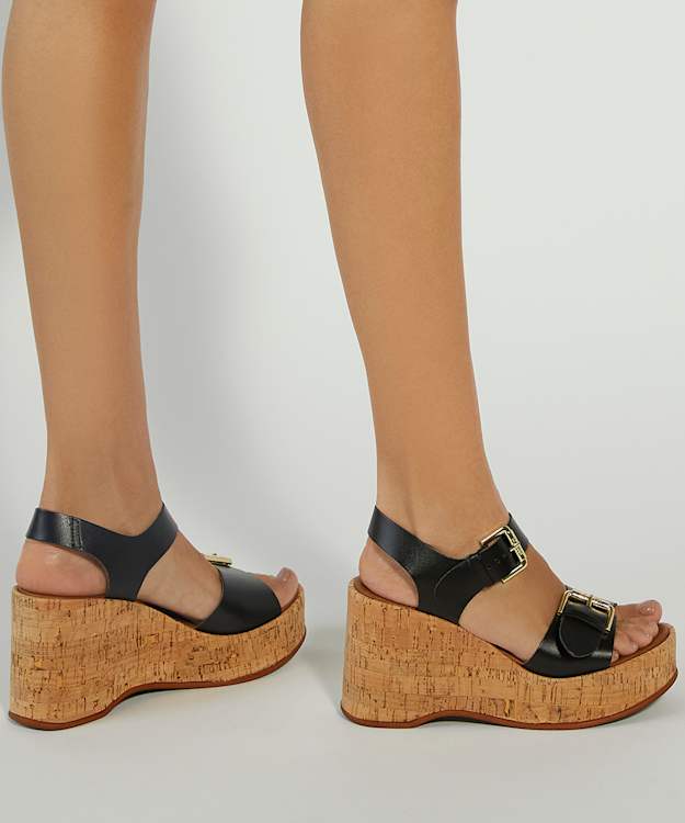 Dune London Kamia - Black Open Toe Wedge Heel Sandals