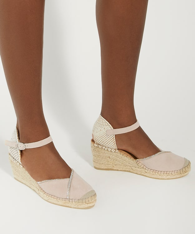 Dune London Kamii - Blush Embellished Raffia Wedge Sandals
