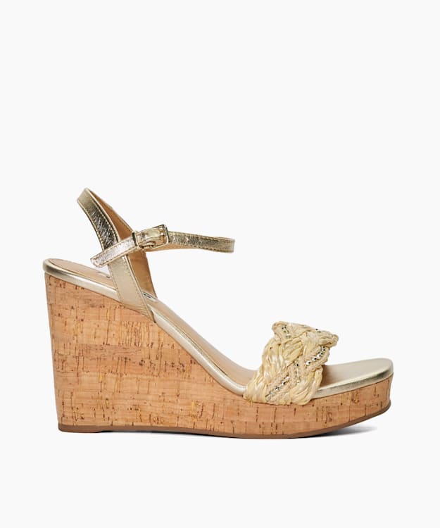 dune london Kastle - Gold Metallic Leather Braided Wedge