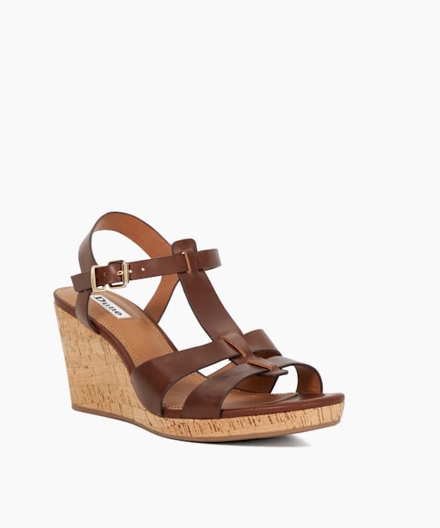Dune London Kastro - Brown Leather Wide Fit Cork Wedge