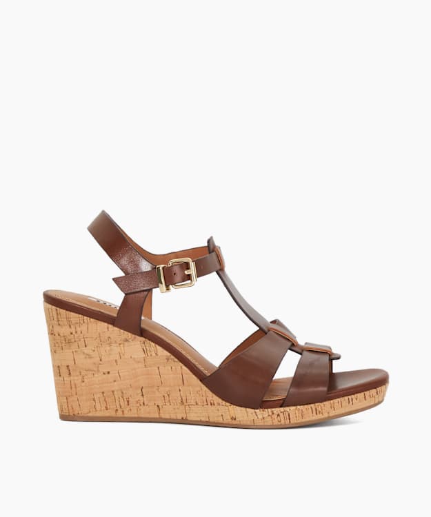 dune london Kastro - Brown Leather Wide Fit Cork Wedge