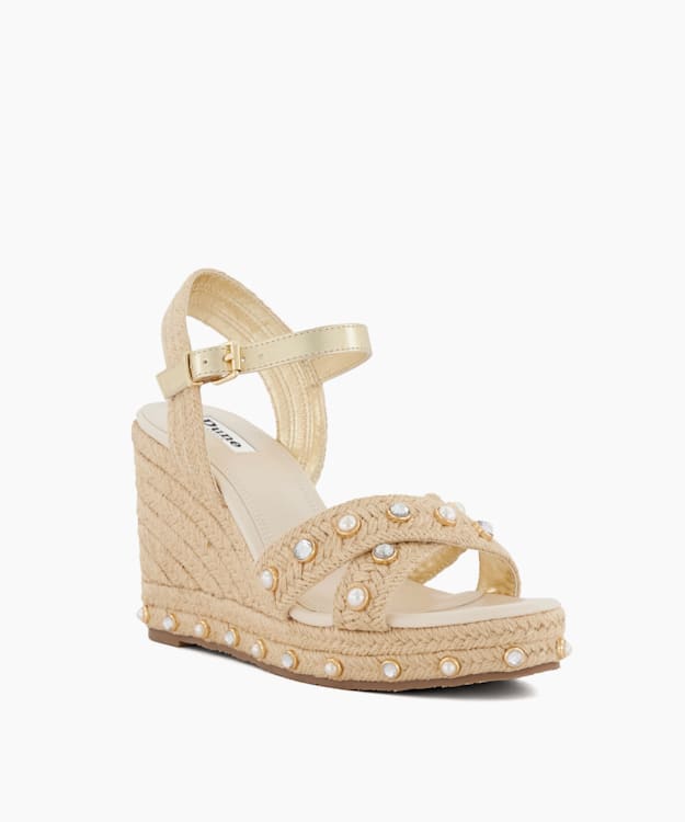 Dune London Kays - Natural Pearl-Strap-Raffia Wedge Sandals