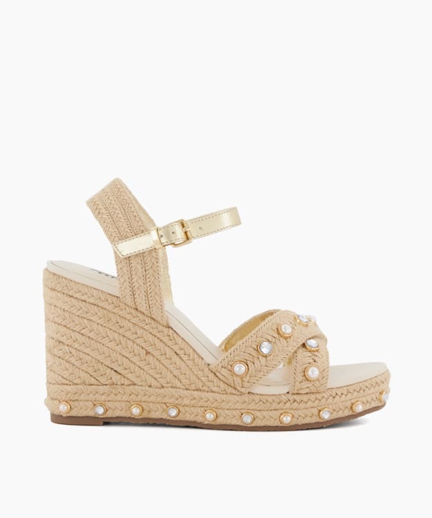 dune london Kays - Natural Pearl-Strap-Raffia Wedge Sandals