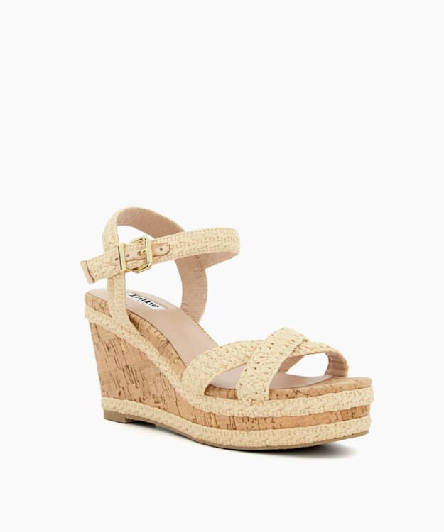 Dune London Kelisa - Natural Braided-Cross-Strap Cork-Wedge Sandals