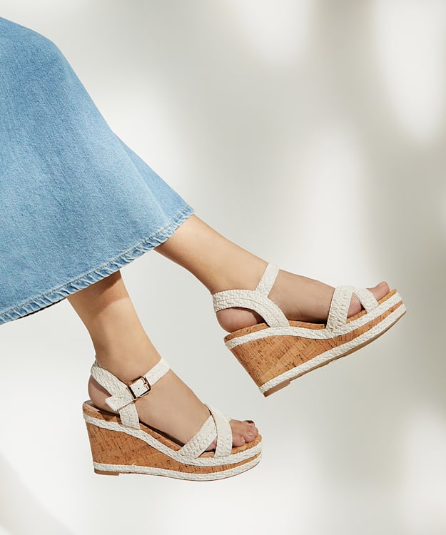 Dune London Kelisa - White Braided-Cross-Strap Cork-Wedge Sandals