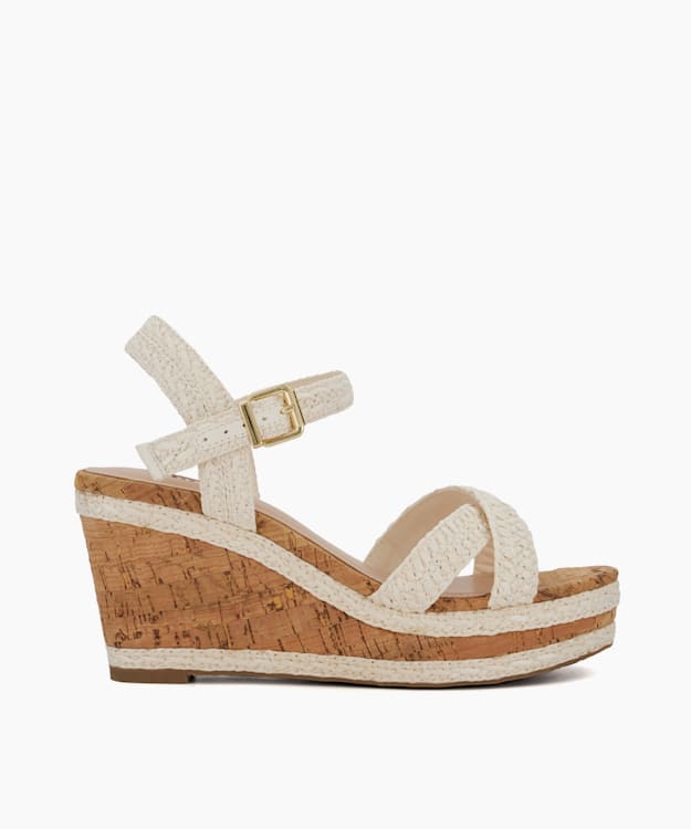 dune london Kelisa - White Braided-Cross-Strap Cork-Wedge Sandals