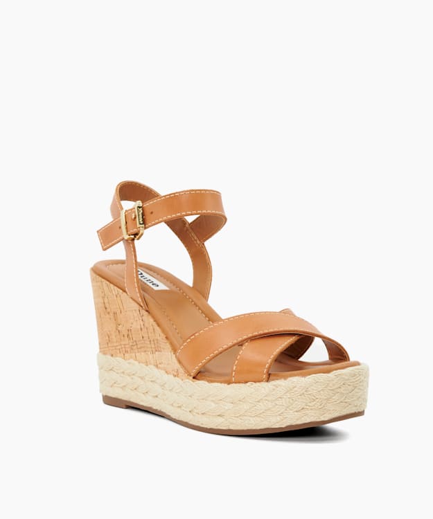 Dune London Kindest - Tan Leather Cork And Woven Wedge Sandals