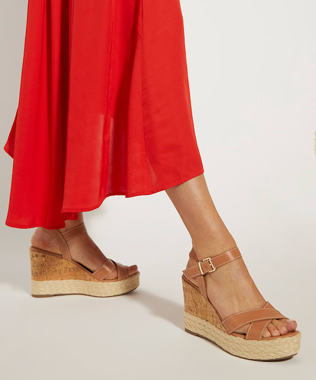 Dune London Kindest - Tan Leather Cork And Woven Wedge Sandals