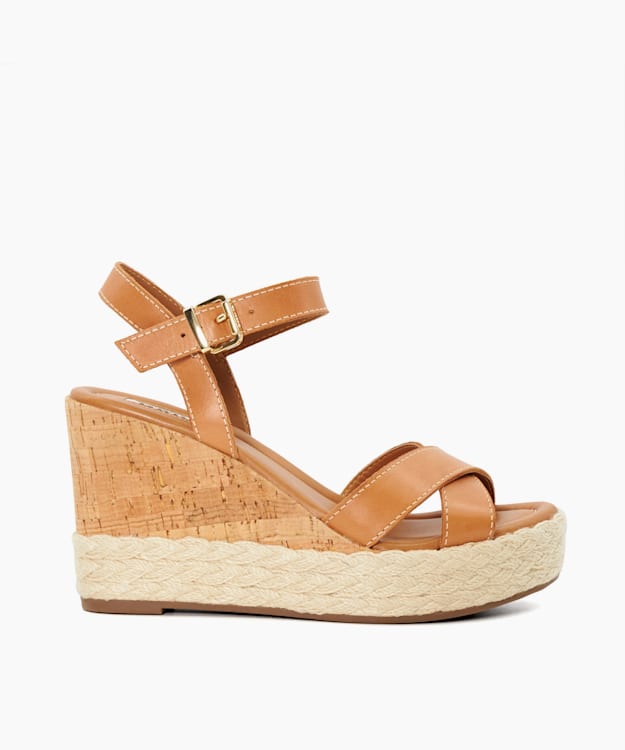 dune london Kindest - Tan Leather Cork And Woven Wedge Sandals