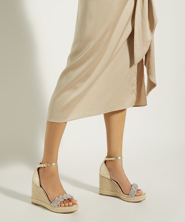 Dune London Kingdom - Gold Diamante-Strap Wedge-Heel Sandals