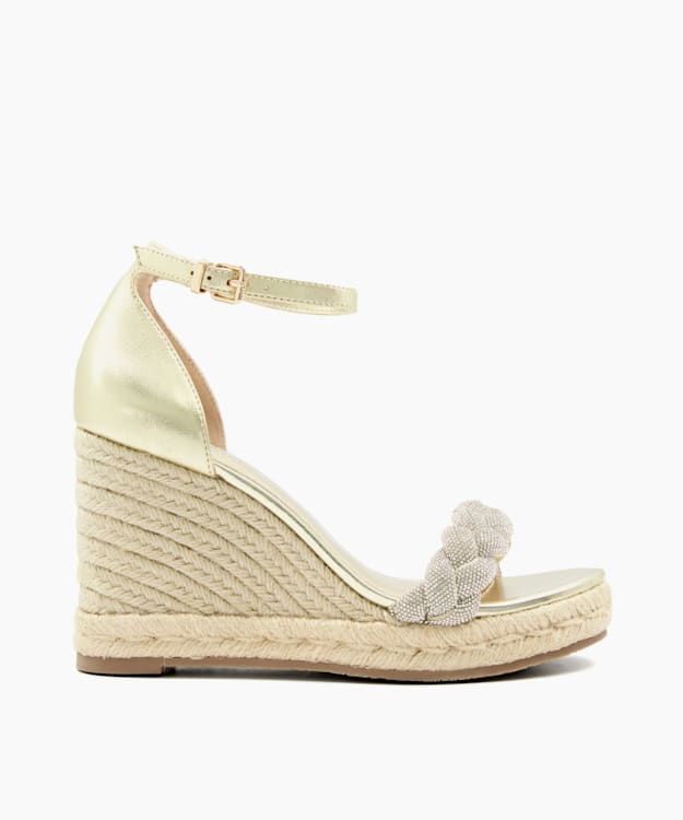 dune london Kingdom - Gold Diamante-Strap Wedge-Heel Sandals