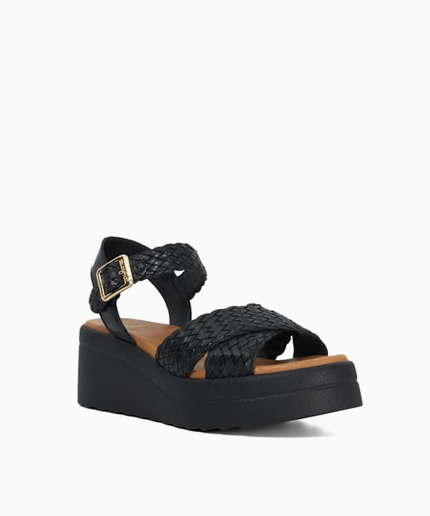 Dune London Kinleys - Black Braided Leather Wedge Sandals