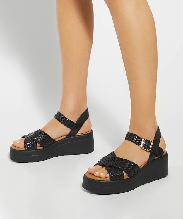 Dune London Kinleys - Black Braided Leather Wedge Sandals