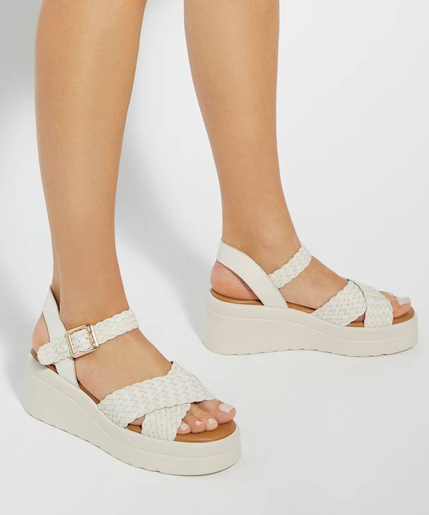 Dune London Kinleys - Ecru Braided Leather Wedge Sandals
