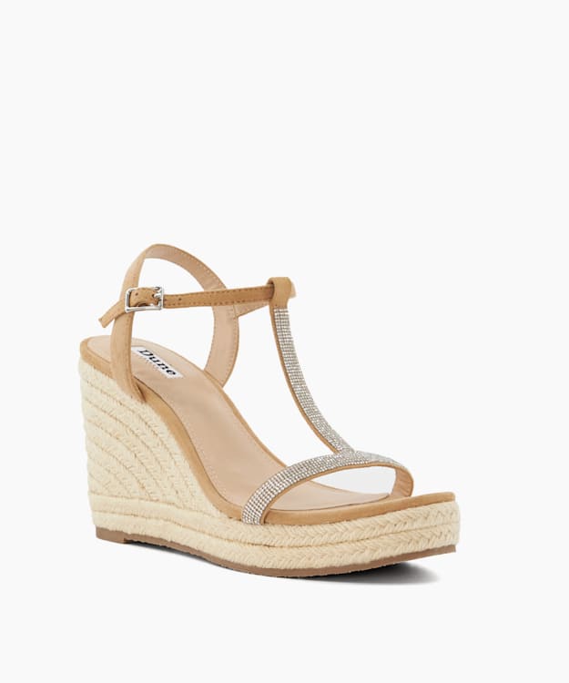 Dune London Kitten - Camel Diamante Suede Wedge Sandals