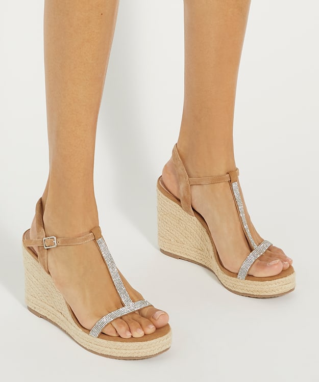 Dune London Kitten - Camel Diamante Suede Wedge Sandals